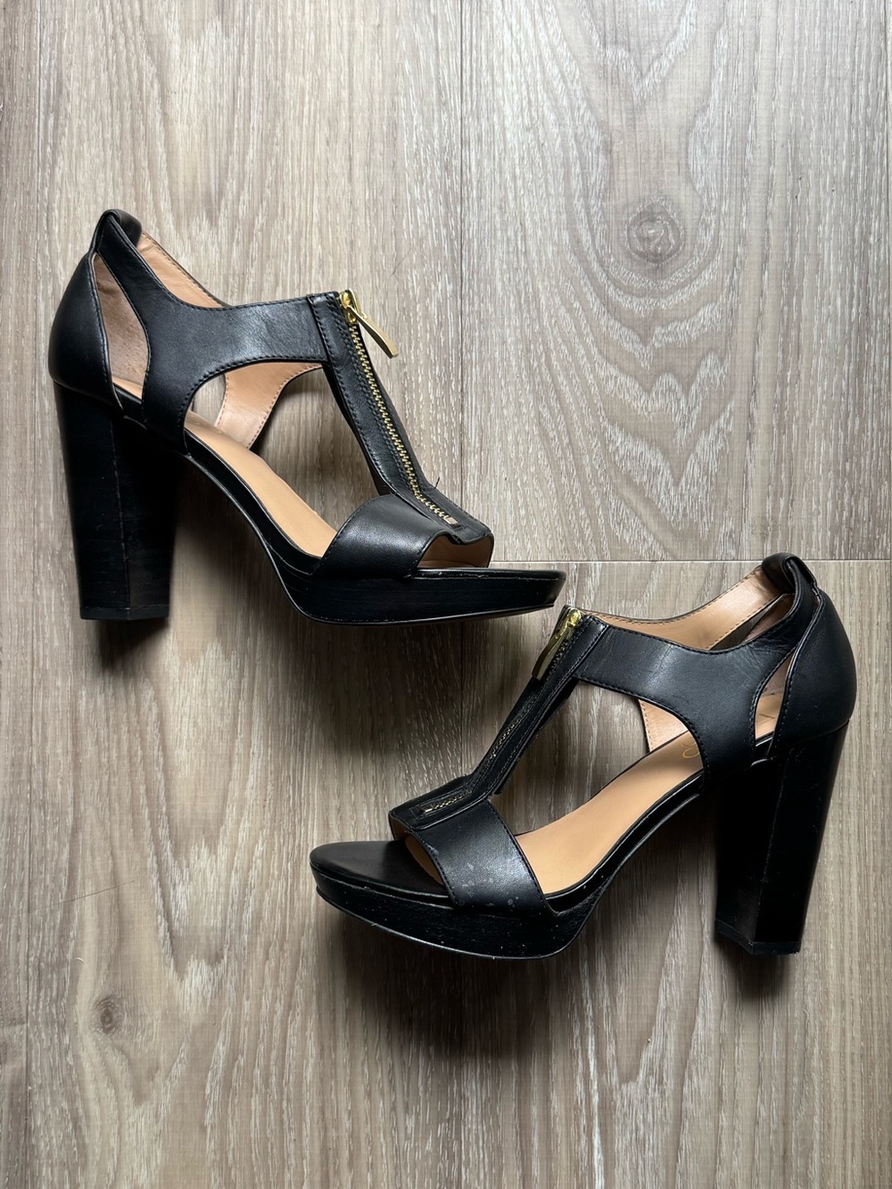 Franco Sarto Women's Black Gold Platform Zip Front Leather High Heel Sandals